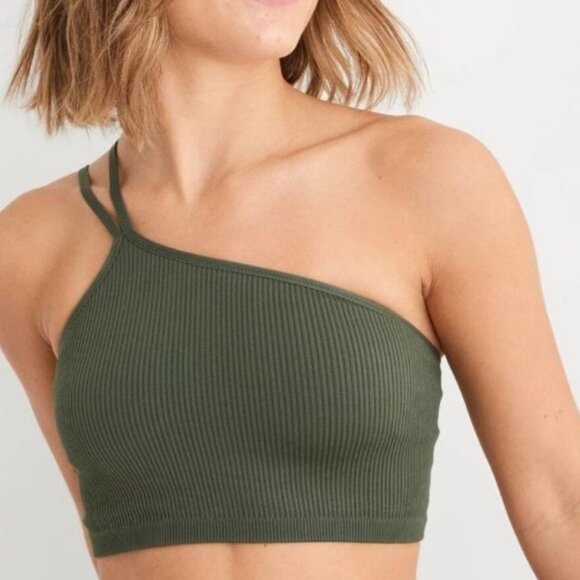 NEW‎ Aerie Seamless One Shoulder Longline Bralette Sycamore Green Size M - Picture 1 of 11